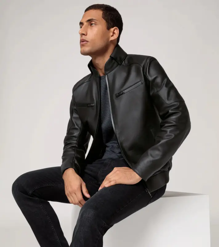 PORSCHE DESIGN Cabrio leather jacket Bunda kožená s odnímatelným límcem a ikonickou žakárovou podšívkou černá