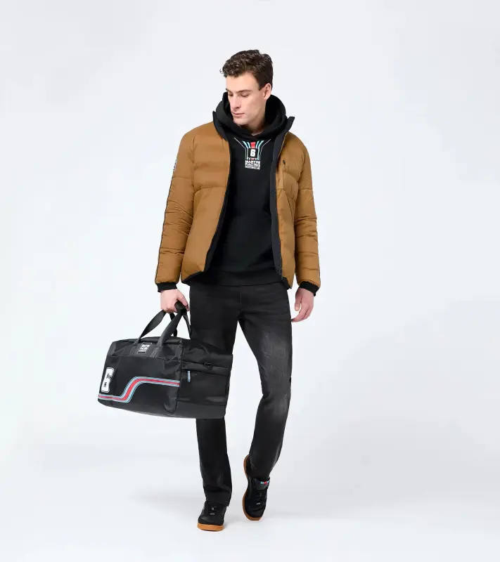 PORSCHE Travel bag MARTINI RACING® Taška cestovní sportovní s popruhem černá s ikonickými červenomodrými pruhy