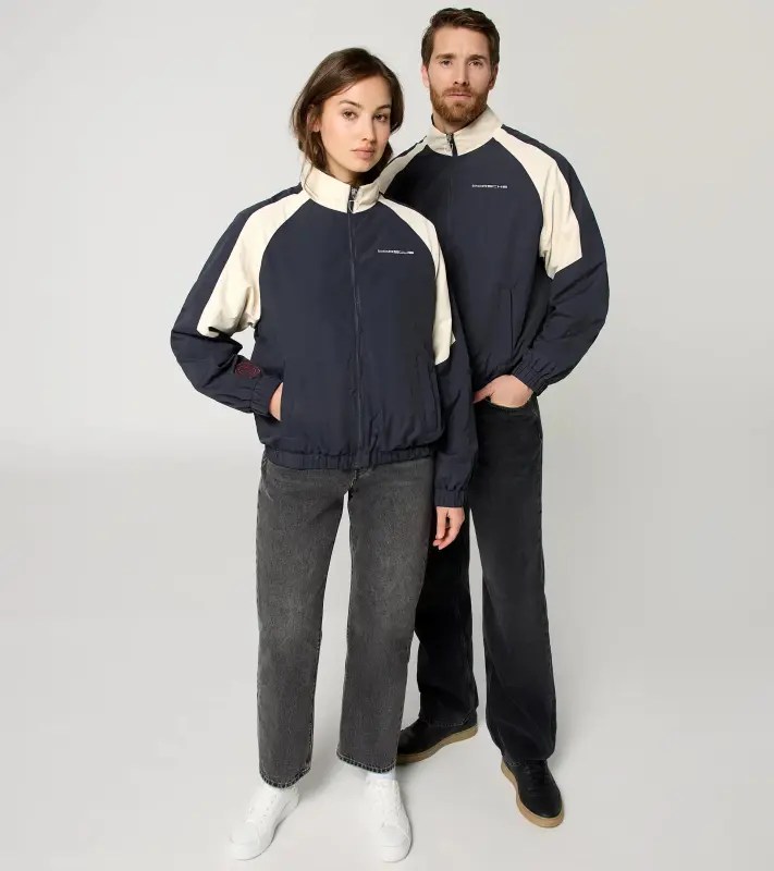 PORSCHE Unisex Retro Blouson Jacket Fan Community Bunda sportovní volnočasová na zip do pasu s úpletem ve stylu devadesátek tmavě modrá