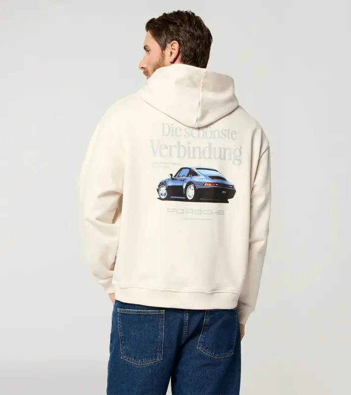 PORSCHE Unisex Retro Hoodie Fan Community Mikina klokanka s kapucí sportovní volnočasová s náplety ve stylu devadesátek s potiskem alpská bílá