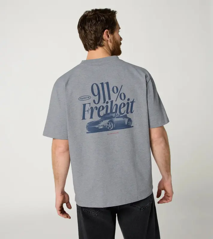 PORSCHE Unisex Retro T-shirt Fan Community Tričko ležérní s potiskem evokujícím devadesátky šedá