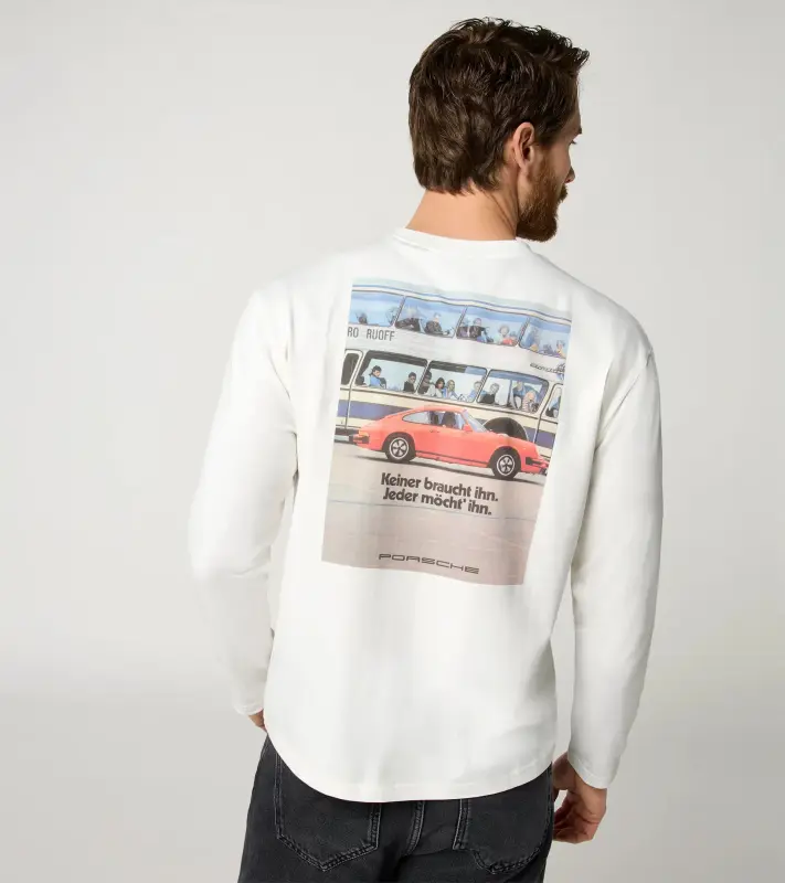 PORSCHE Unisex Retro Long-Sleeved Shirt Fan Community Tričko ležérní s dlouhými rukávy s potiskem evokujícím devadesátky bílá