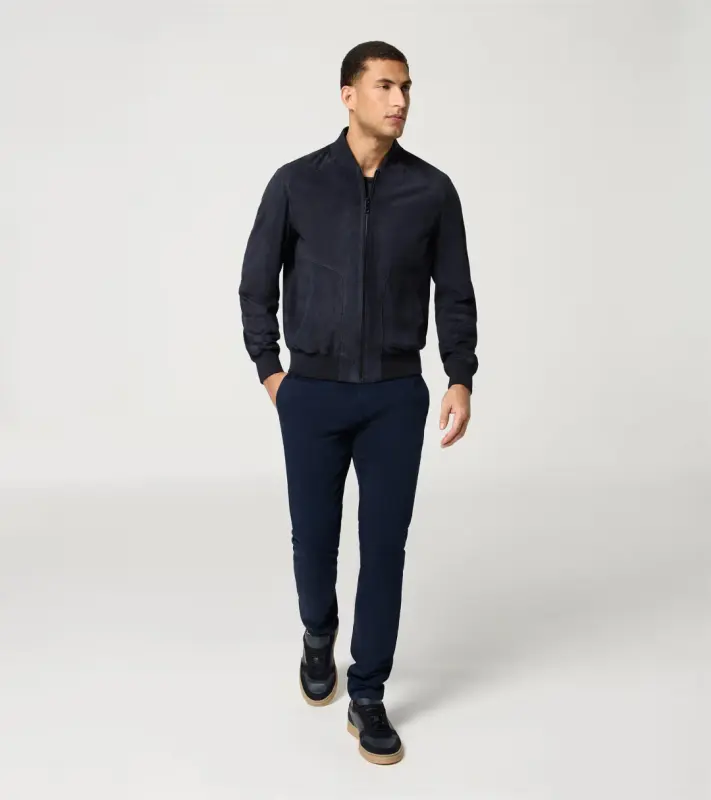 PORSCHE DESIGN Goat Suede Leather Jacket Bunda kožená klasického střihu s detaily z úpletu tmavě modrá