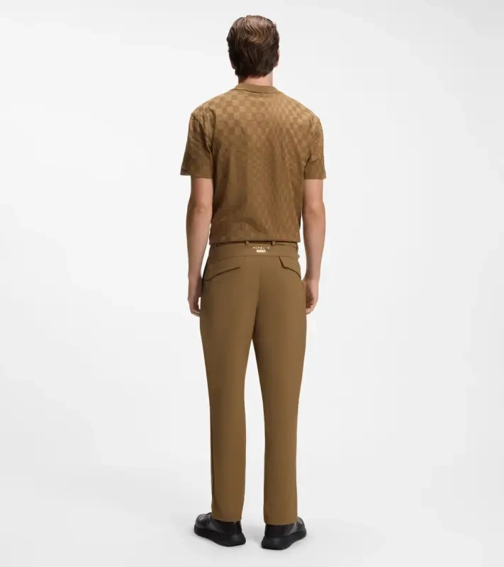 PORSCHE DESIGN Regular-fit Trousers in stretch fabric Porsche x BOSS Kalhoty neformální i volnočasové s reliéfním logem mírně strečové hnědé camelka