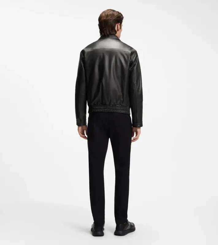 PORSCHE DESIGN Leather Jacket with concealed magnetic closure Porsche x BOSS Bunda kožená se zipem a krycí légou na magnetky s reliéfním logem černá