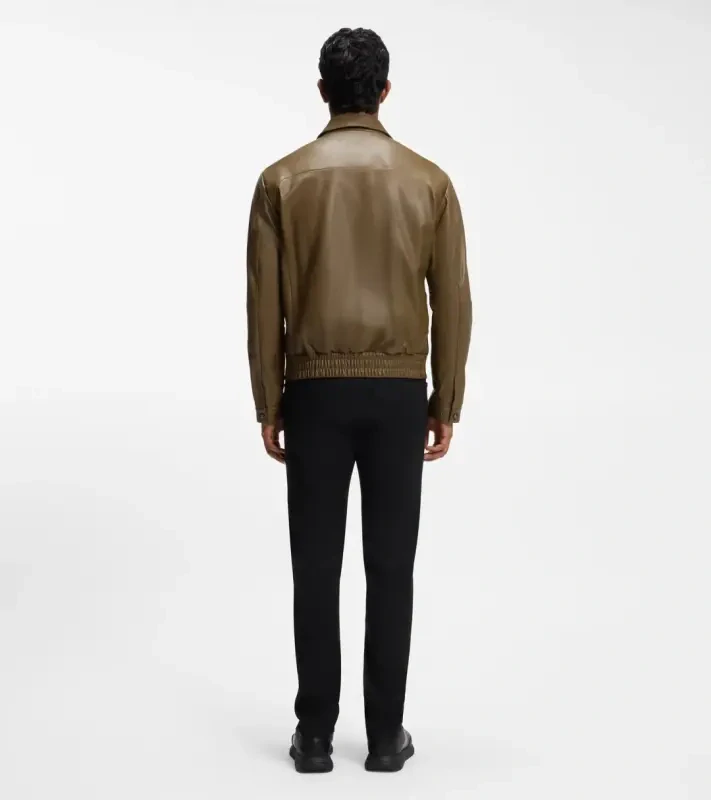 PORSCHE DESIGN Leather Jacket with concealed magnetic closure Porsche x BOSS Bunda kožená se zipem a krycí légou na magnetky s reliéfním logem hnědá camelka