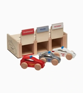 PORSCHE Wooden emergency vehicle set Dřevěná autíčka záchranného systému s garáží