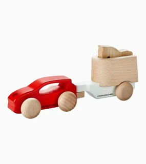 PORSCHE Cayenne wooden car with horse trailer Autíčko dřevěné s přívěsem na koně červená