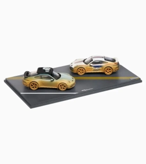 PORSCHE 911 Targa Dakar (992) AHEAD Double set Model 1:43 dva modely 911 v zelené a modré zaprášené pískem