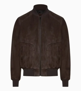 PORSCHE DESIGN Classic Leather Jacket Bunda kožená na zip s pleteným pasem a límcem tmavě hnědá