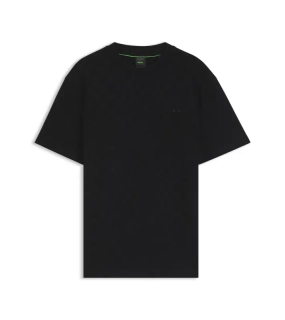 PORSCHE DESIGN Cotton T-shirt with Pascha pattern Porsche x BOSS Tričko sportovně laděné s výstřihem ke krku černé s grafikou a žakárovým vzorem