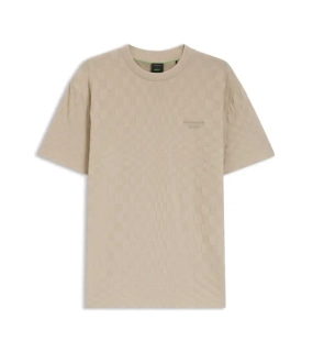 PORSCHE DESIGN Cotton T-shirt with Pascha pattern Porsche x BOSS Tričko sportovně laděné s výstřihem ke krku béžové s grafikou a žakárovým vzorem
