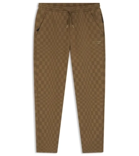 PORSCHE DESIGN Tracksuit Bottoms with Pascha Pattern Porsche x BOSS  Kalhoty volnočasové sportovní se žakárovým vzorem šachovnice v hnědé camelce