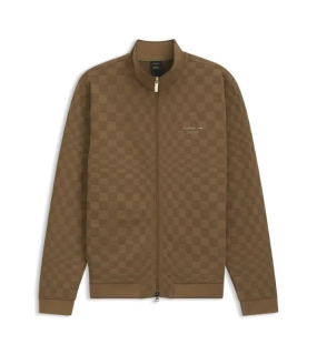 PORSCHE DESIGN Zip-up Sweatshirt with Pascha-check Jacquard Porsche x BOSS Svetr mikina na zip se žakárovým vzorem šachovnice a reliéfním logem v hnědé camelce