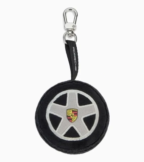 PORSCHE Plush Wheel Key Ring Přívěsek na klíče ve tvaru automobilového kola šedočerný se znakem